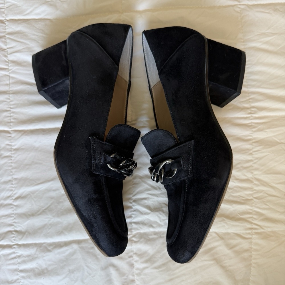 Franco Sarto Chunky Chain Suede Leather Loafers Sz 8.5 Black Block Heel Academia - Picture 5 of 10